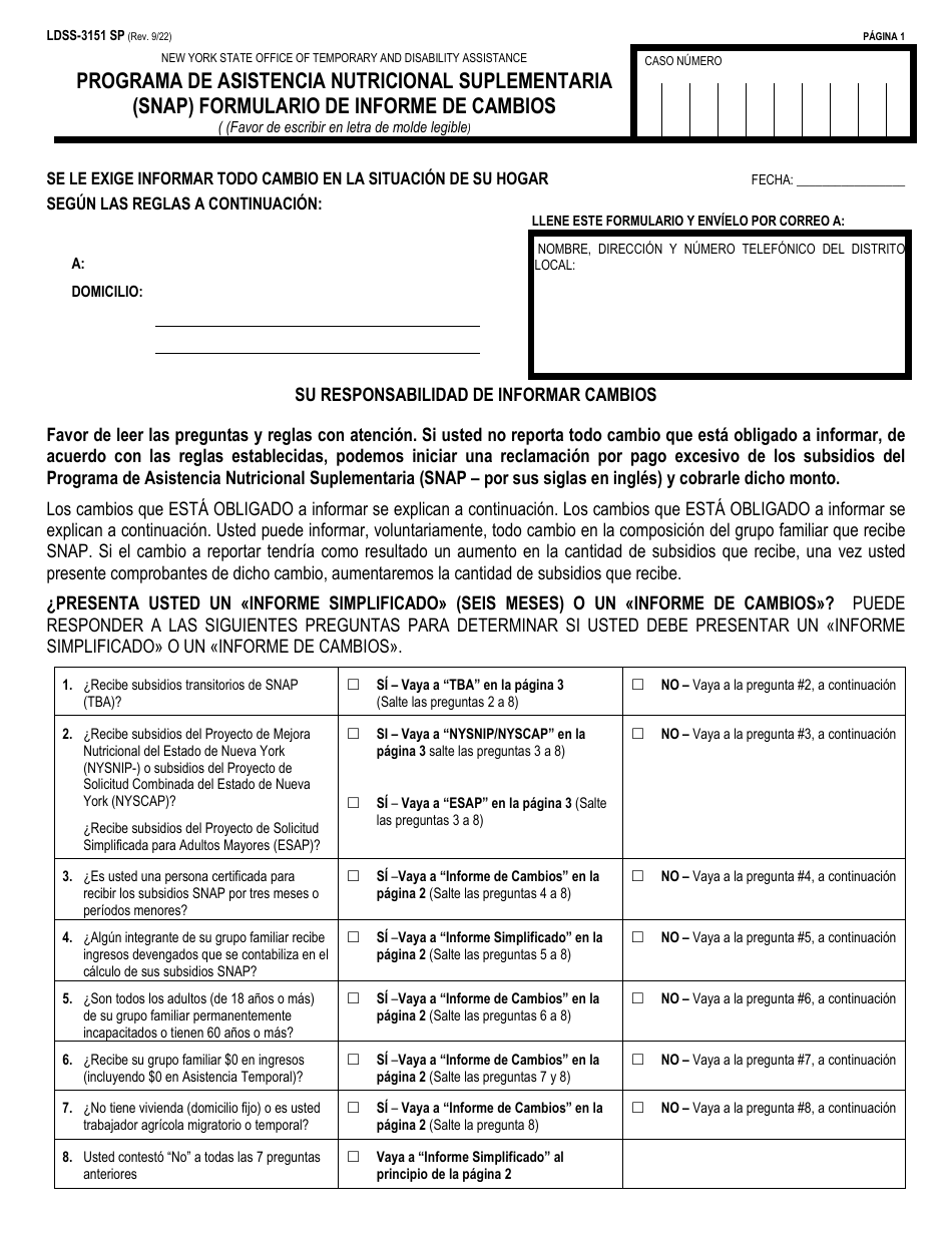 Formulario LDSS-3151 Programa De Asistencia Nutricional Suplementaria (Snap) Formulario De Informe De Cambios - New York (Spanish), Page 1