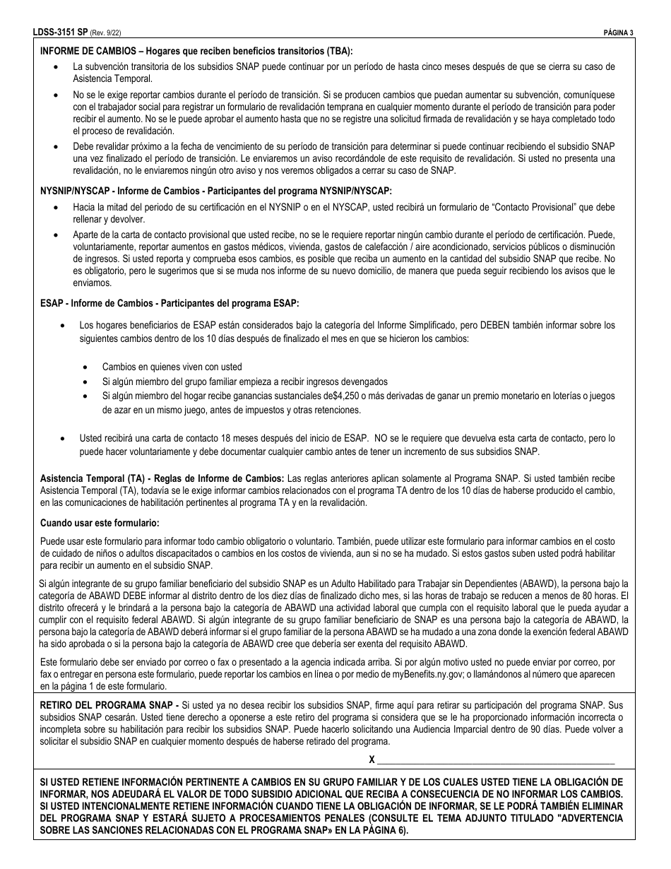 Formulario LDSS-3151 Programa De Asistencia Nutricional Suplementaria (Snap) Formulario De Informe De Cambios - New York (Spanish), Page 3