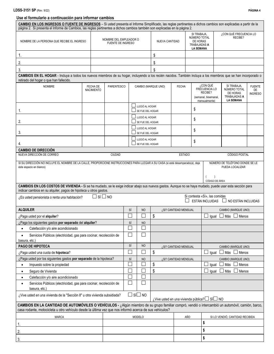 Formulario LDSS-3151 Programa De Asistencia Nutricional Suplementaria (Snap) Formulario De Informe De Cambios - New York (Spanish), Page 4