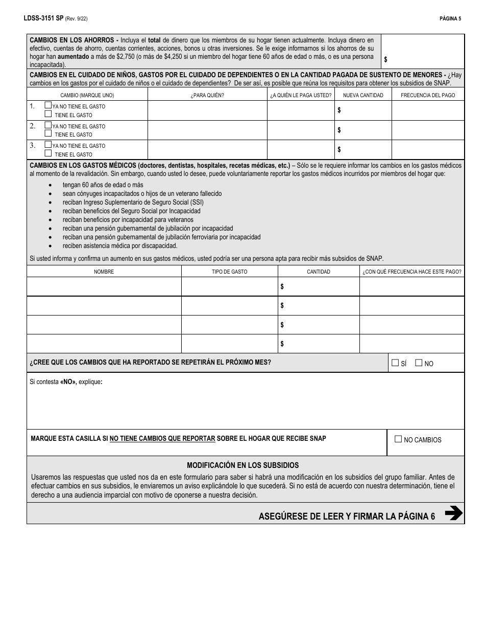 Formulario LDSS-3151 Programa De Asistencia Nutricional Suplementaria (Snap) Formulario De Informe De Cambios - New York (Spanish), Page 5