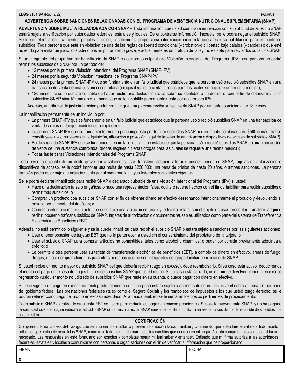 Formulario LDSS-3151 Programa De Asistencia Nutricional Suplementaria (Snap) Formulario De Informe De Cambios - New York (Spanish), Page 6