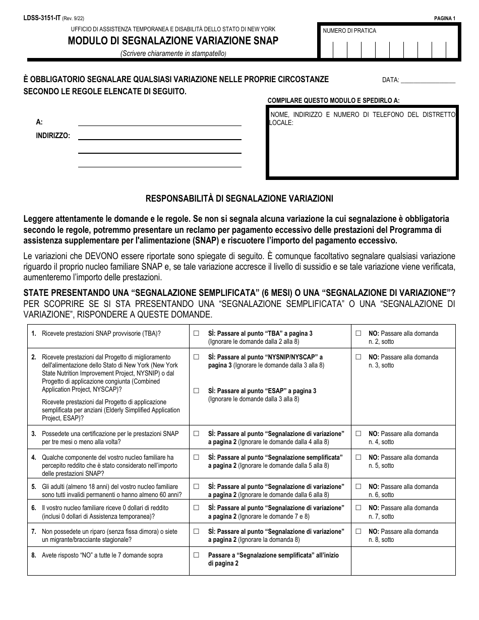 Form LDSS-3151 Supplemental Nutrition Assistance Program (Snap) Change Report Form - New York (Italian), Page 1