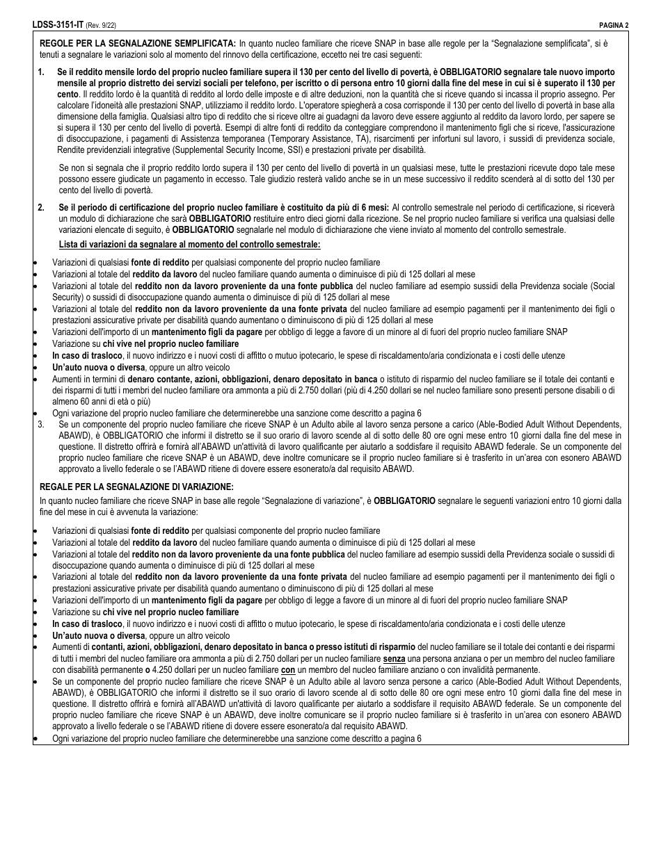 Form LDSS-3151 Supplemental Nutrition Assistance Program (Snap) Change Report Form - New York (Italian), Page 2