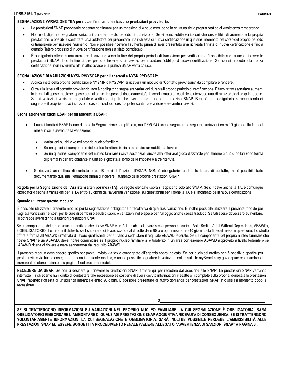 Form LDSS-3151 Supplemental Nutrition Assistance Program (Snap) Change Report Form - New York (Italian), Page 3