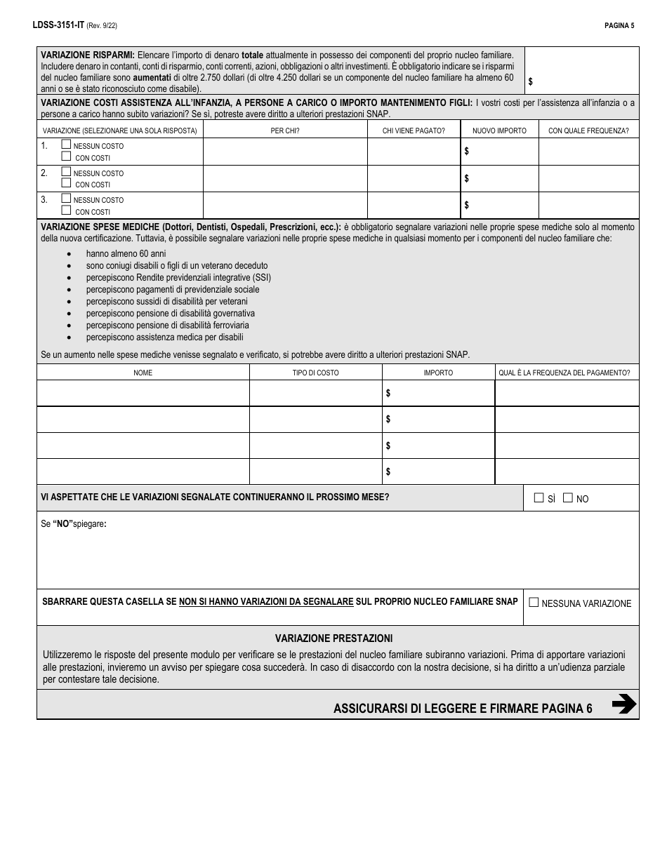 Form LDSS-3151 Supplemental Nutrition Assistance Program (Snap) Change Report Form - New York (Italian), Page 5