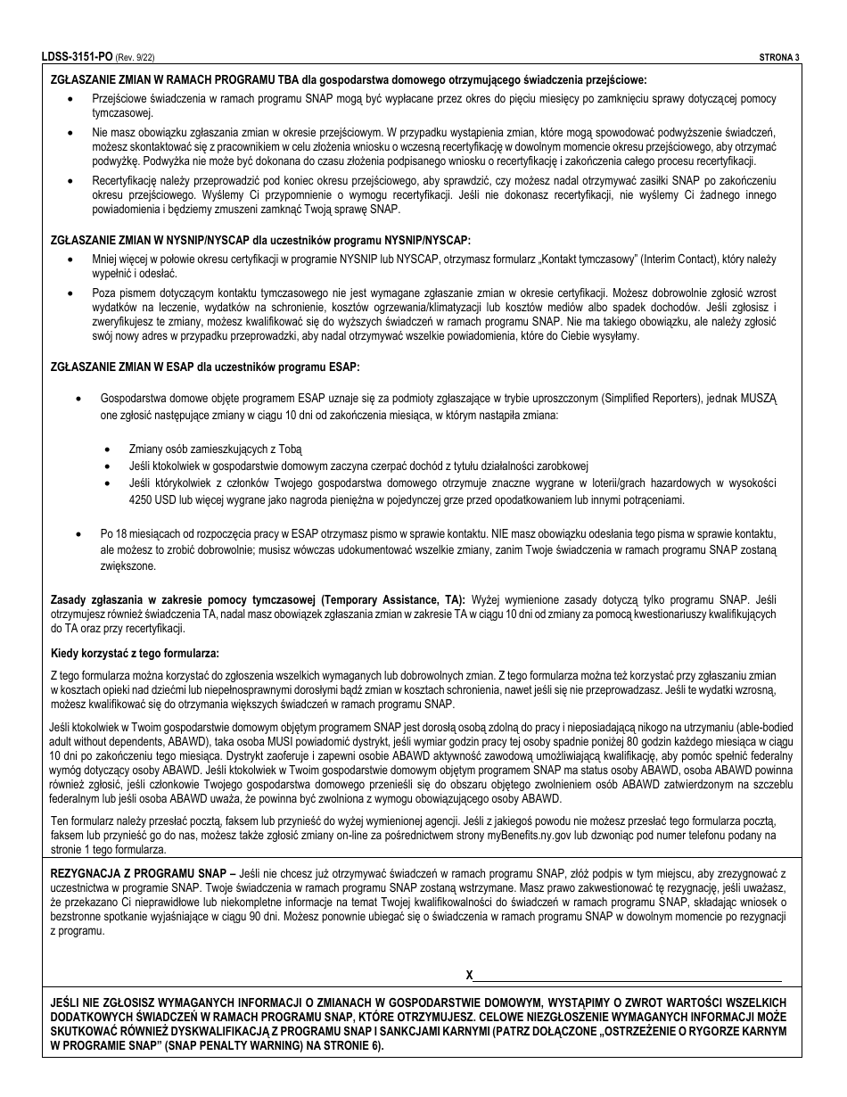Form LDSS-3151 Supplemental Nutrition Assistance Program (Snap) Change Report Form - New York (Polish), Page 3