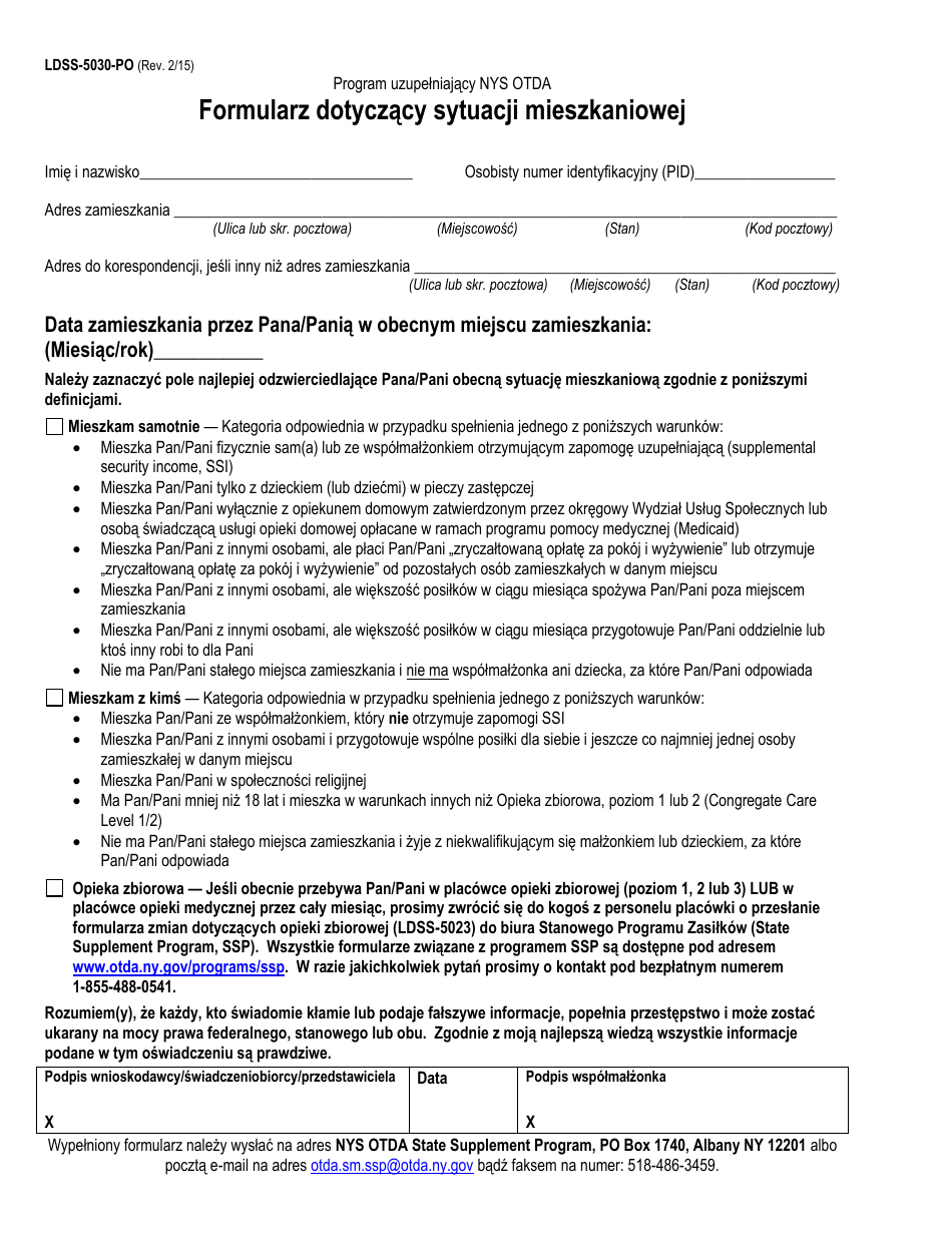 Form LDSS-5030 Living Arrangement Form - New York (Polish), Page 1