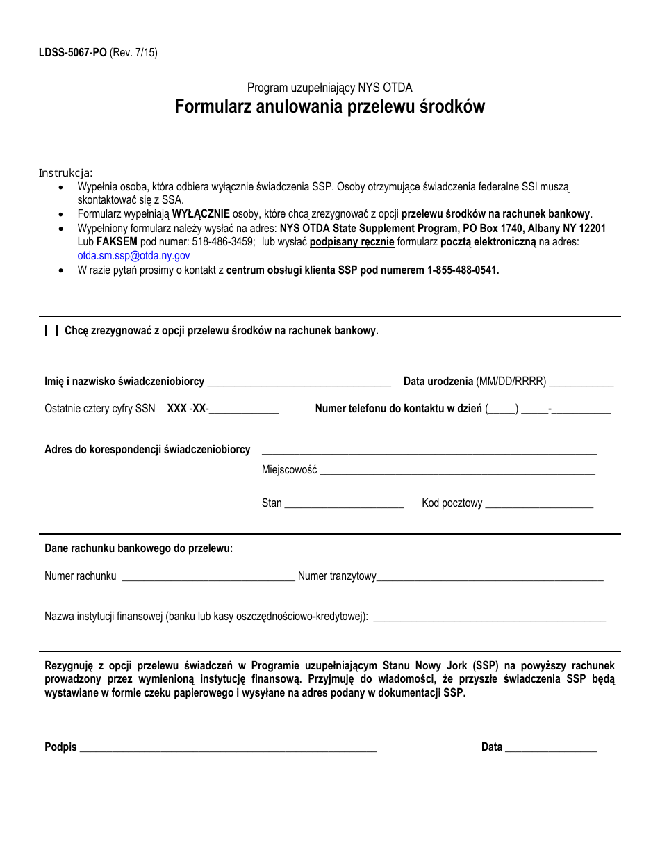 Form LDSS-5067 Direct Deposit Cancellation Form for SSP Recipients - New York (Polish), Page 1