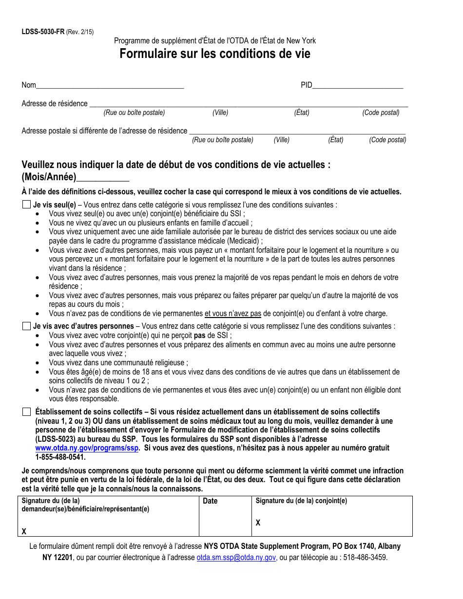 Form LDSS-5030 Living Arrangement Form - New York (French), Page 1
