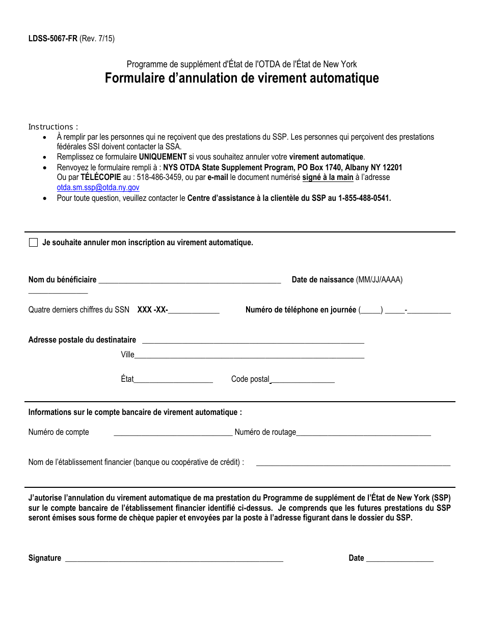 Form LDSS-5067 Direct Deposit Cancellation Form for SSP Recipients - New York (French), Page 1