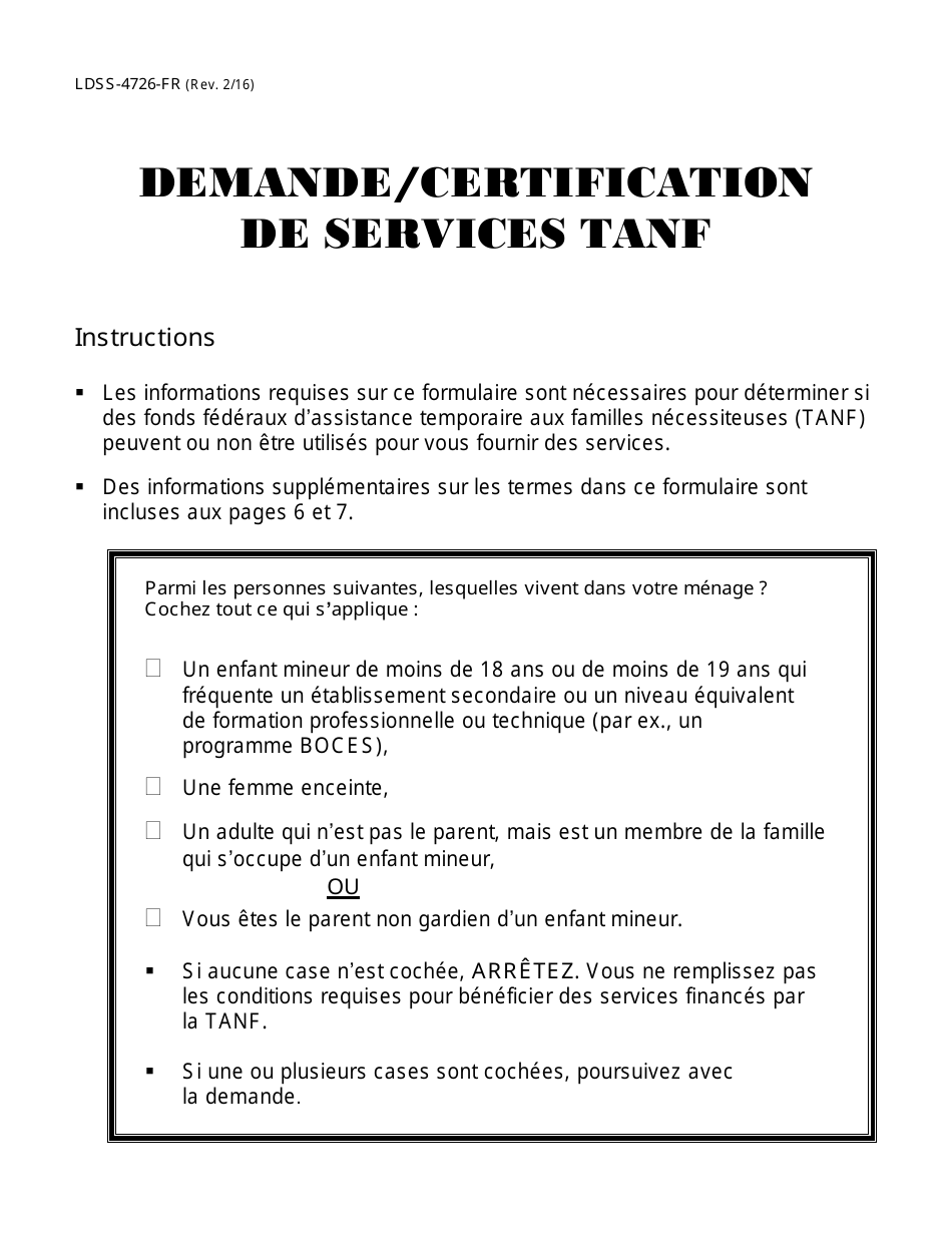 Form LDSS-4726 TANF Services Certification - New York (French), Page 1