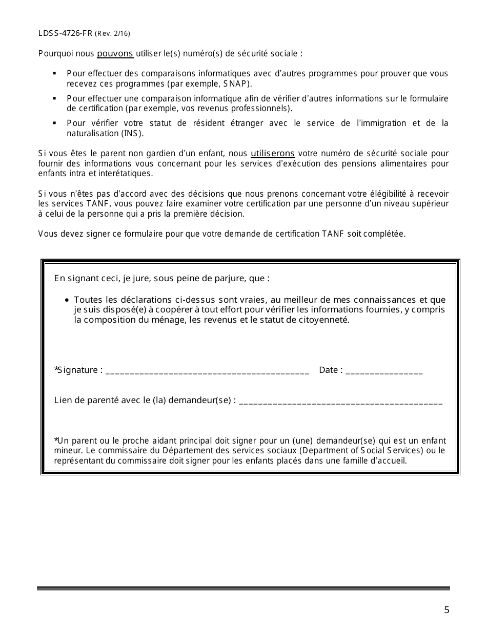 Form LDSS-4726 TANF Services Certification - New York (French), Page 5