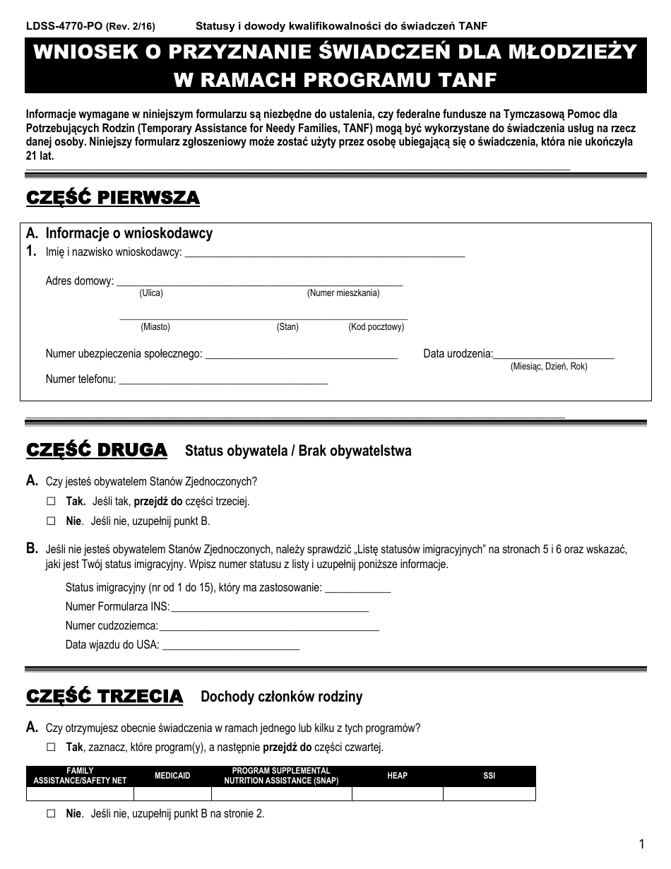 Form LDSS-4770 Youth Application for TANF Services - New York (Polish), Page 1