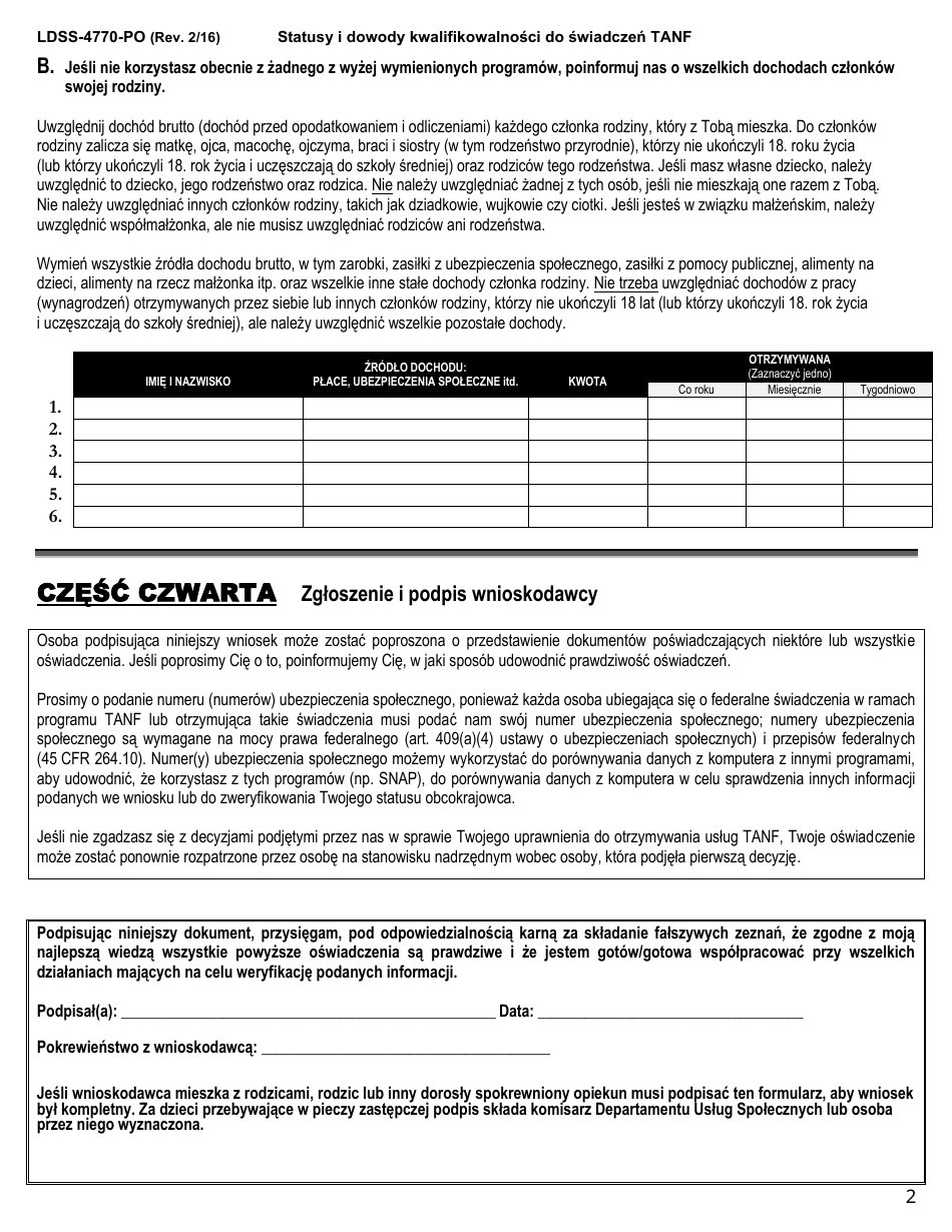 Form LDSS-4770 Youth Application for TANF Services - New York (Polish), Page 2