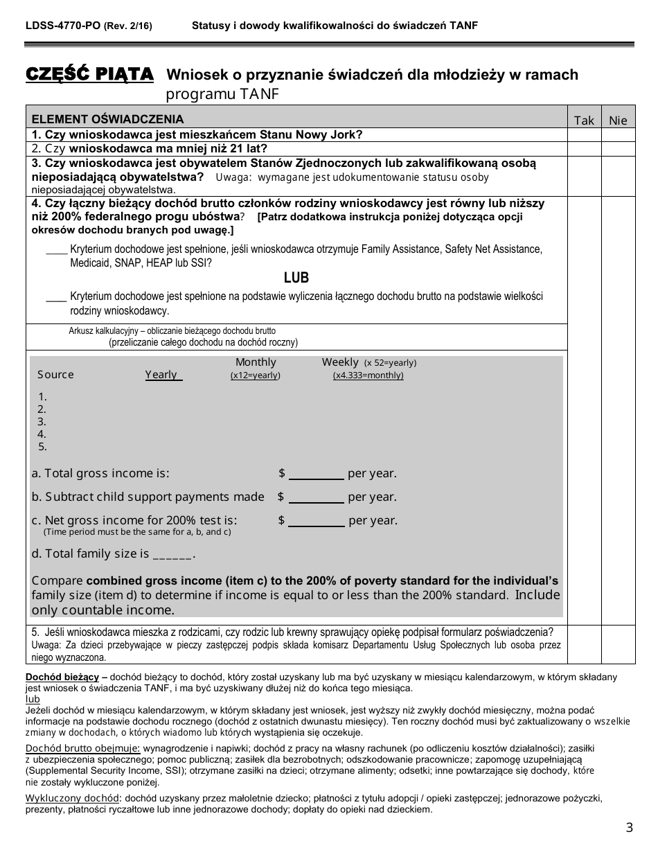 Form LDSS-4770 Youth Application for TANF Services - New York (Polish), Page 3