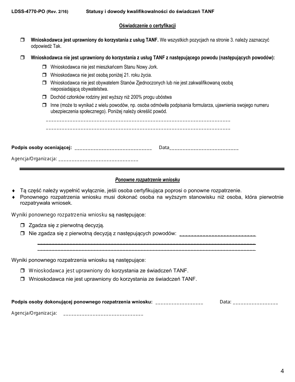 Form LDSS-4770 Youth Application for TANF Services - New York (Polish), Page 4