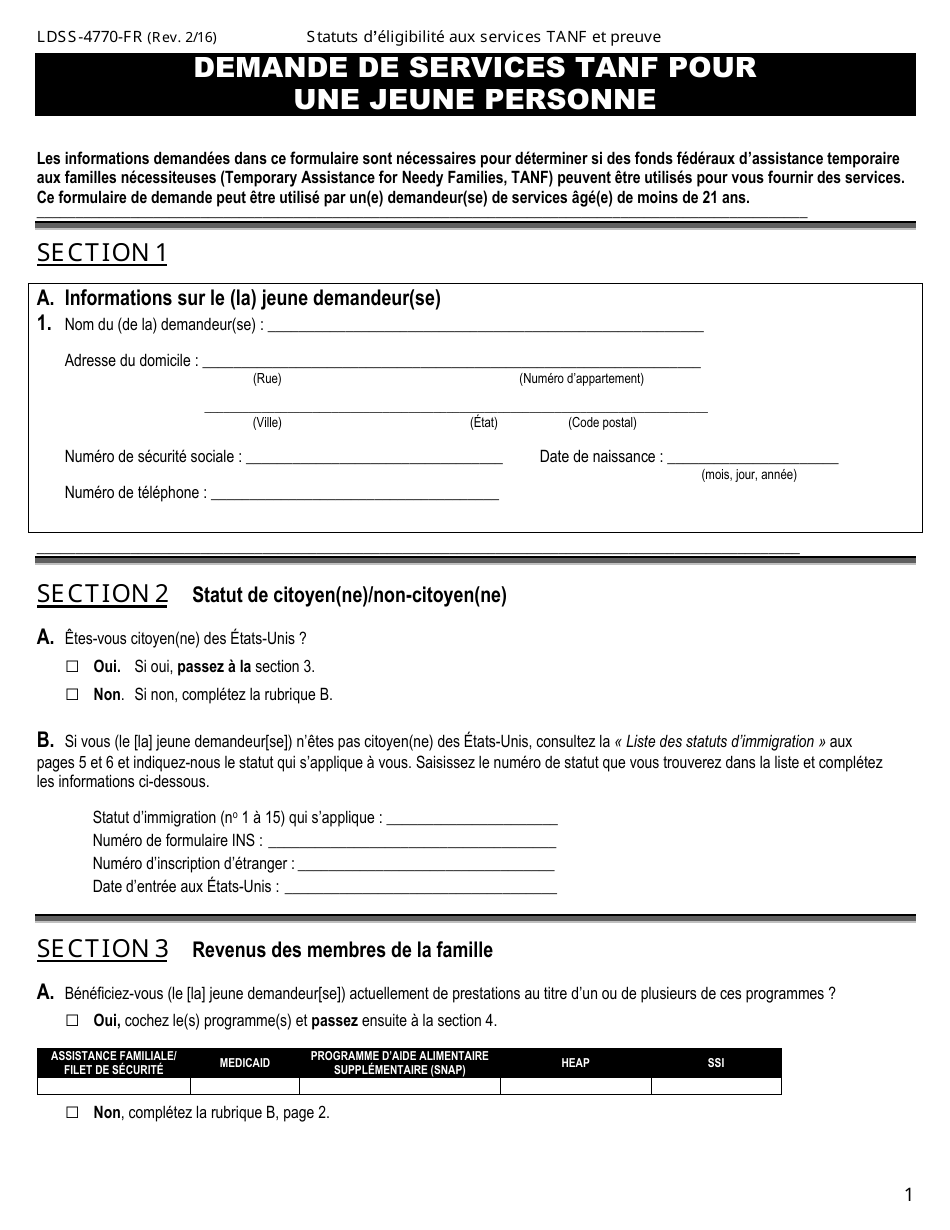 Form LDSS-4770 Youth Application for TANF Services - New York (French), Page 1