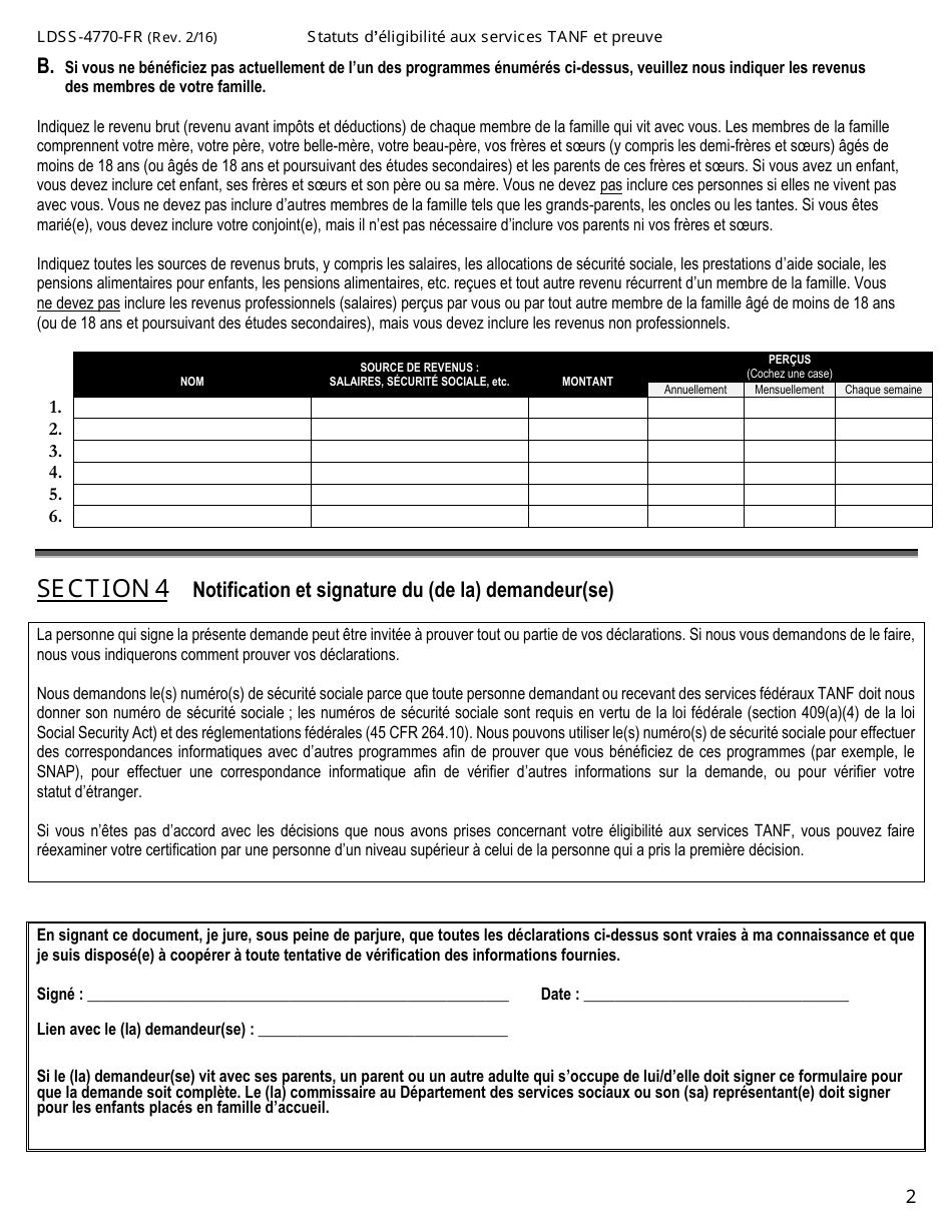 Form LDSS-4770 Youth Application for TANF Services - New York (French), Page 2