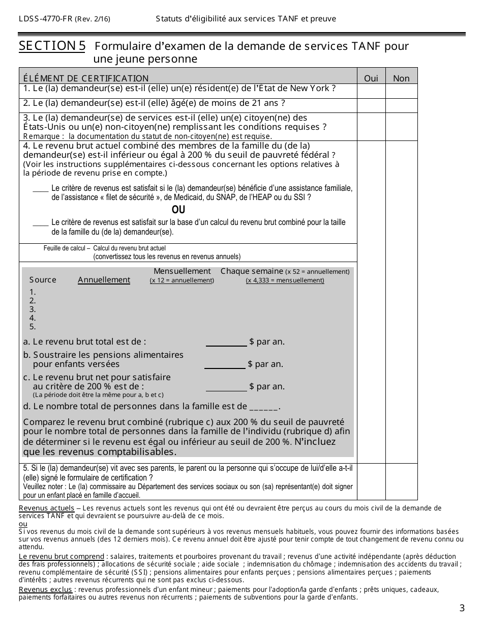 Form LDSS-4770 Youth Application for TANF Services - New York (French), Page 3