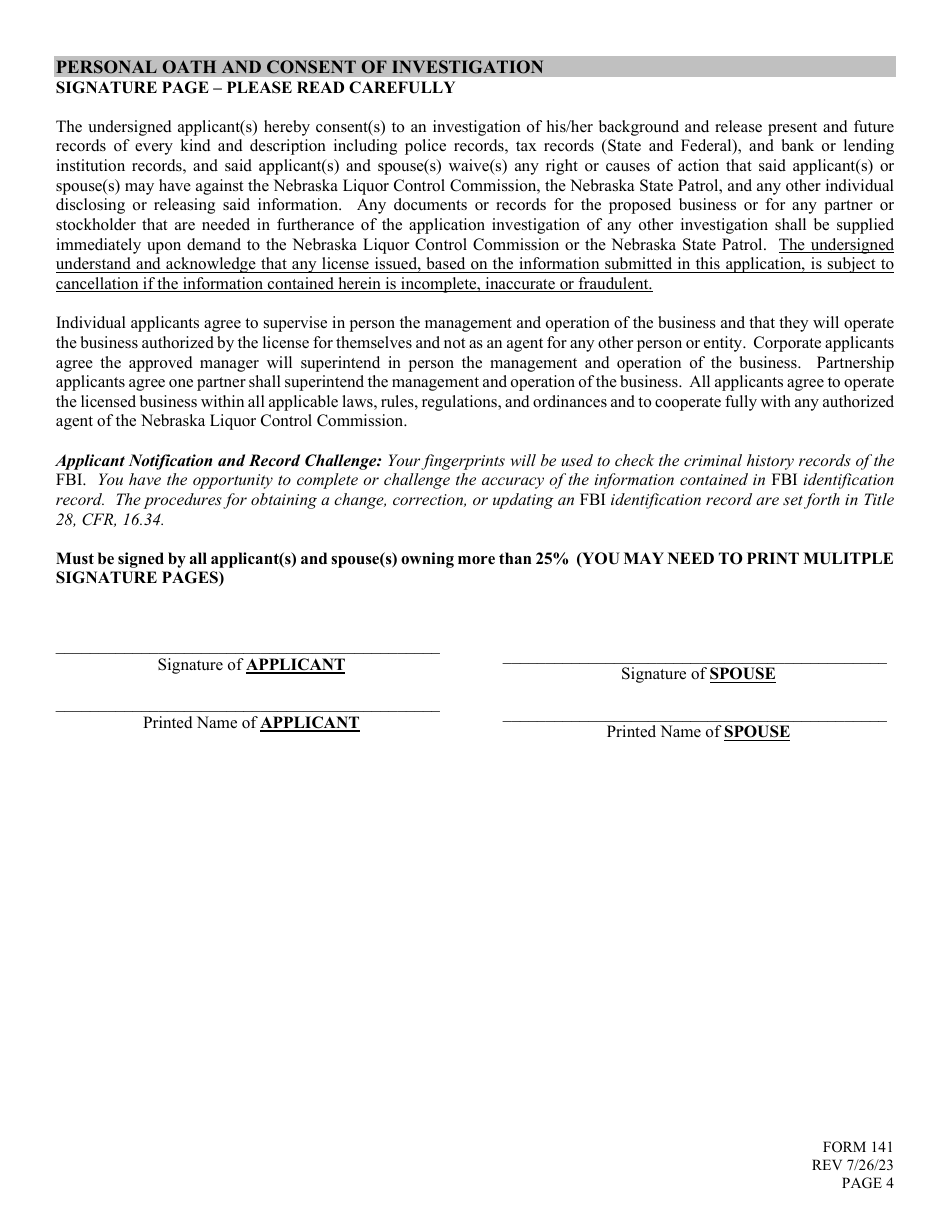 Form 141 Application for Farm Winery Branch Outlet - Nebraska, Page 4