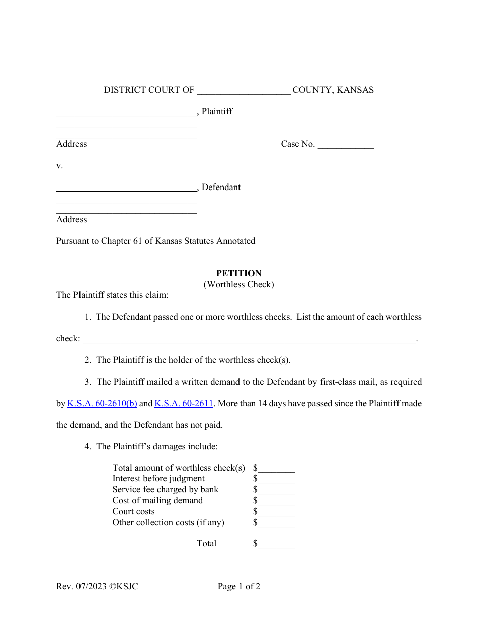Petition (Worthless Check) - Kansas, Page 1
