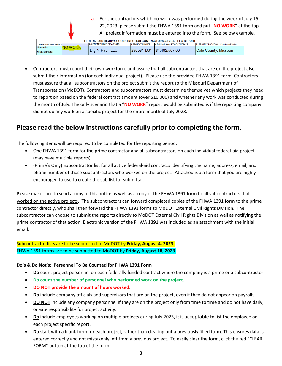 Instructions for Form FHWA-1391 Federal-Aid Highway Construction Contractors Annual EEO Report - Missouri, Page 3