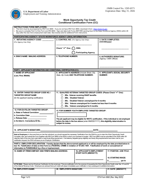ETA Form 9062 Work Opportunity Tax Credit Conditional Certification Form (Cc)
