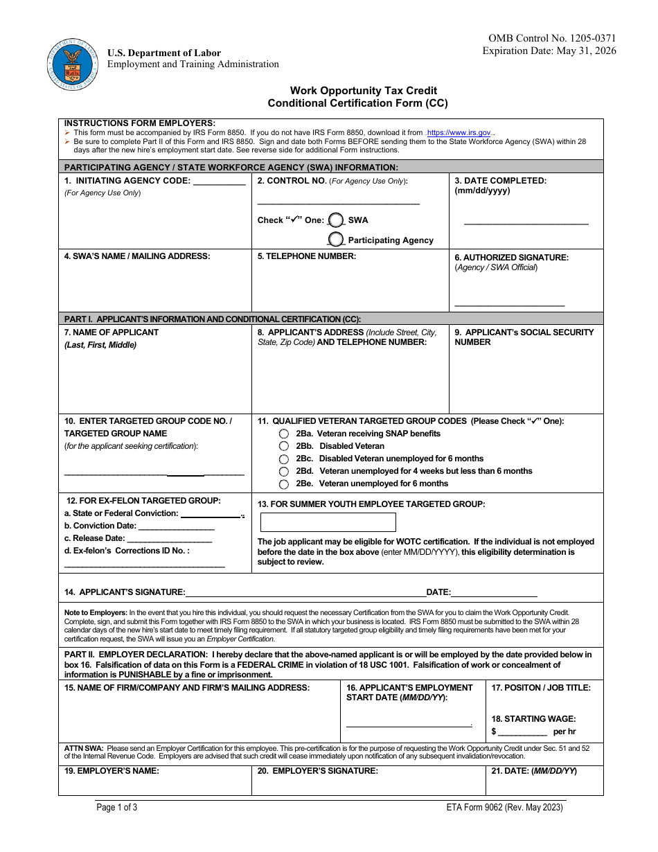 ETA Form 9062 Work Opportunity Tax Credit Conditional Certification Form (Cc), Page 1