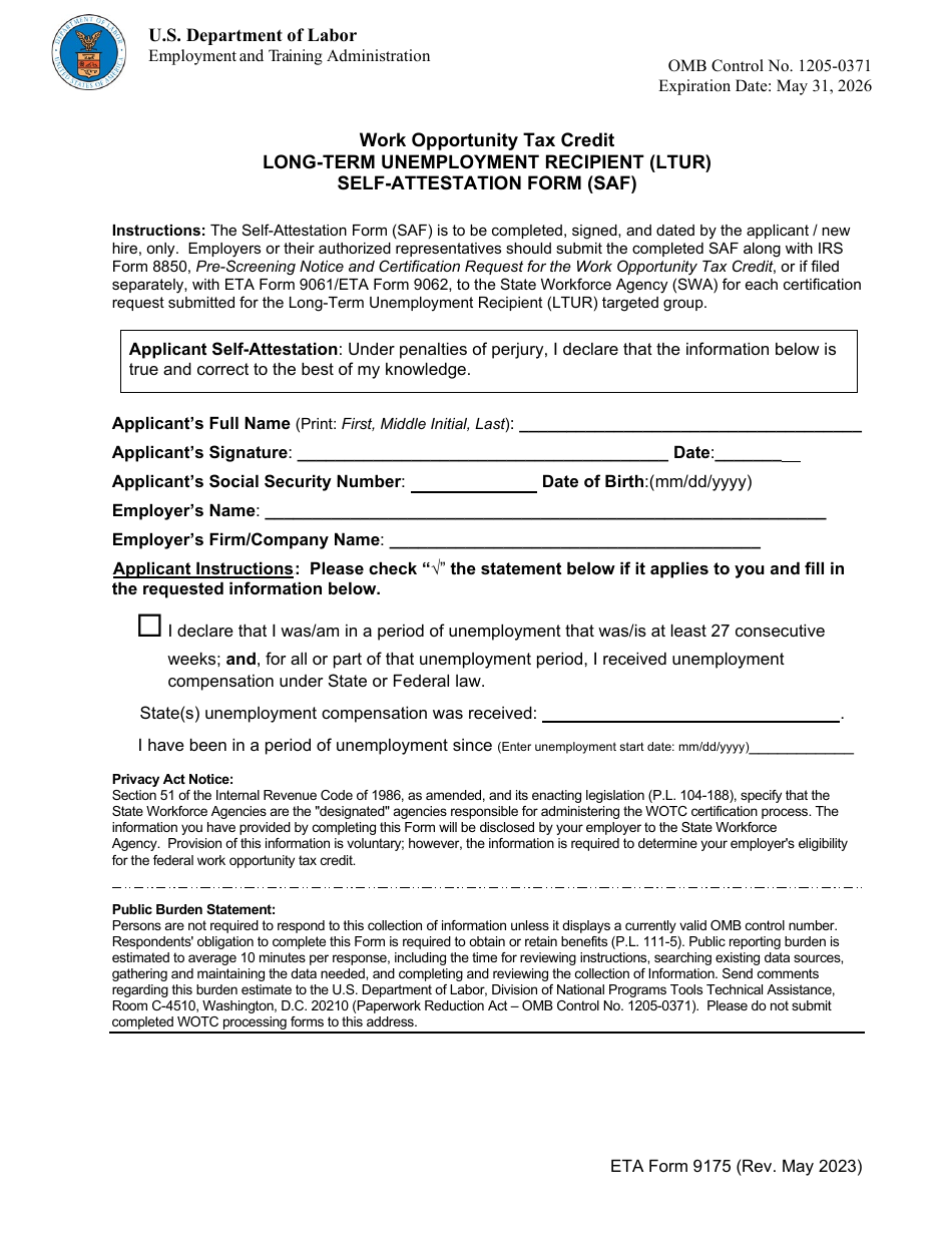ETA Form 9175 Work Opportunity Tax Credit - Long-Term Unemployment Recipient (Ltur) Self-attestation Form (Saf), Page 1