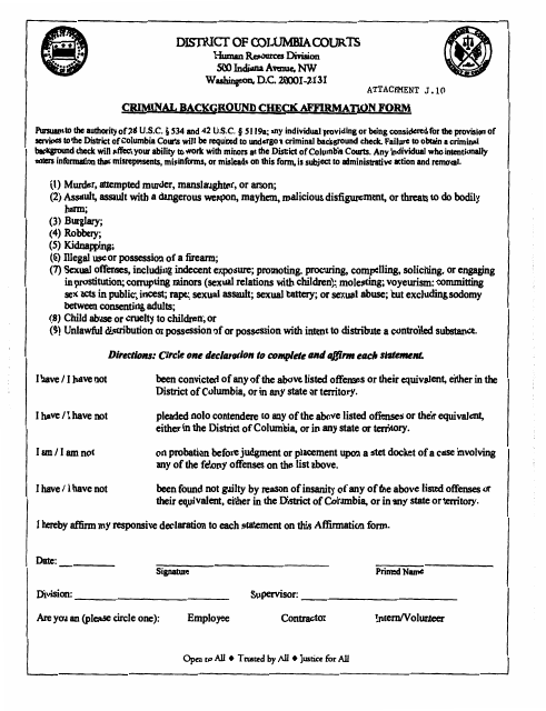 Attachment J.10 Criminal Background Check Affirmation Form - Washington, D.C.