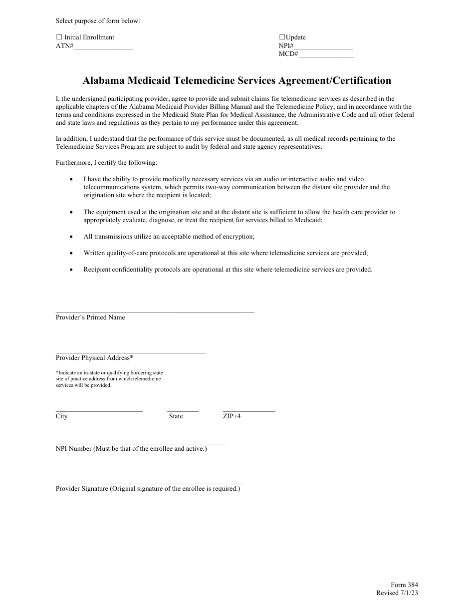 Form 384 Alabama Medicaid Telemedicine Services Agreement / Certification - Alabama, Page 1