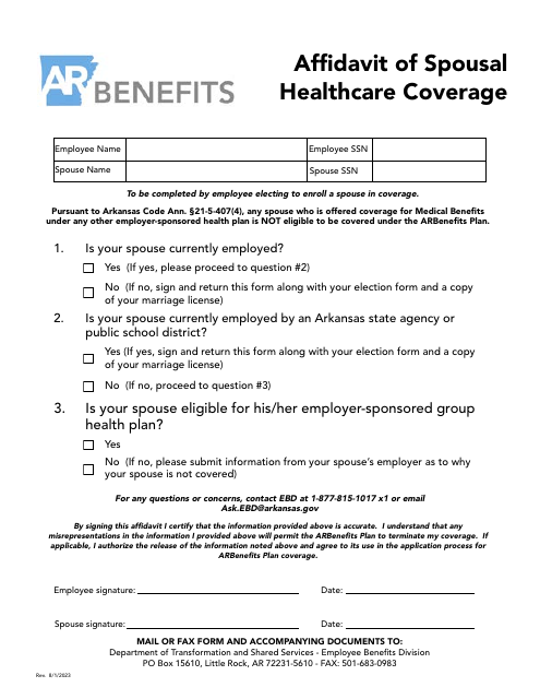 Affidavit of Spousal Healthcare Coverage - Arkansas