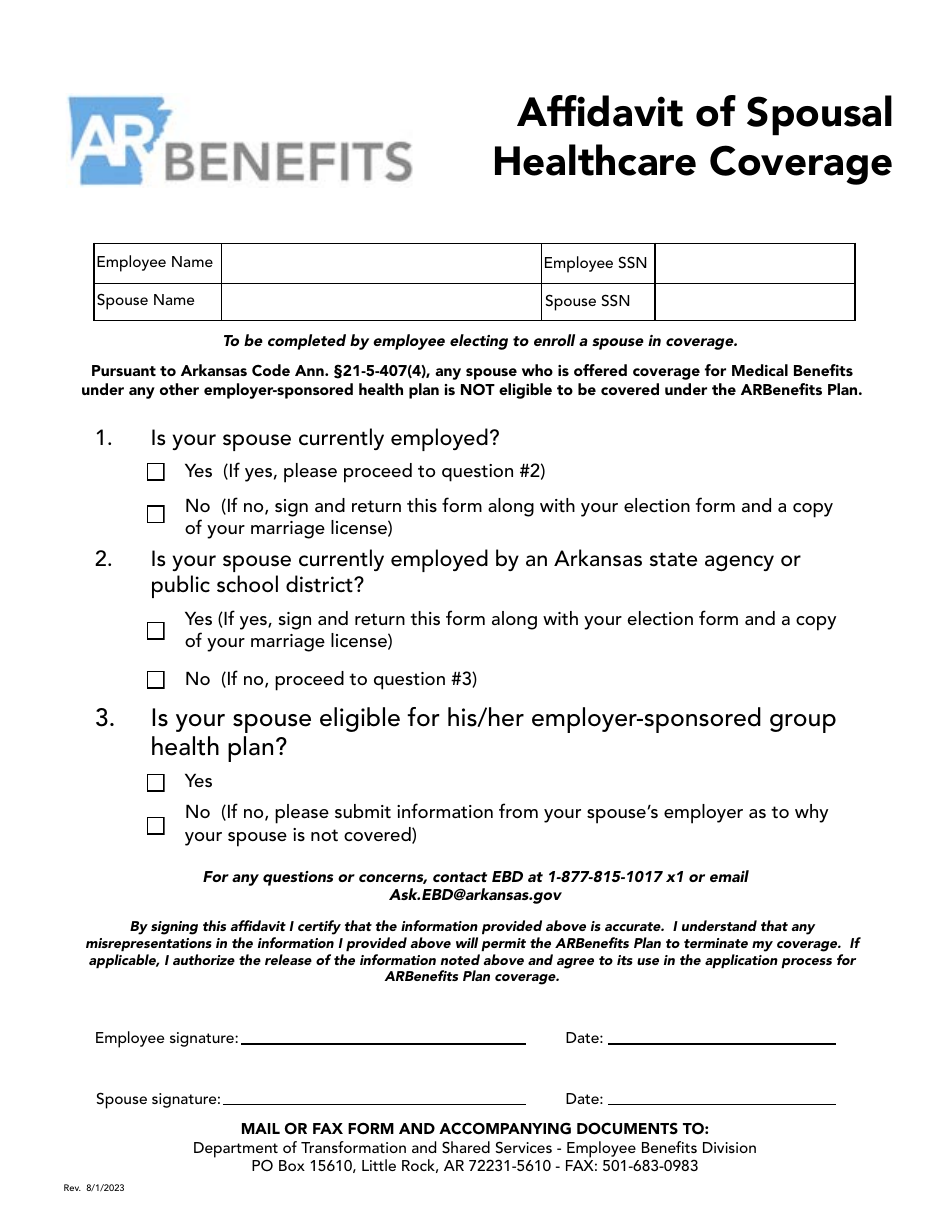 Affidavit of Spousal Healthcare Coverage - Arkansas, Page 1