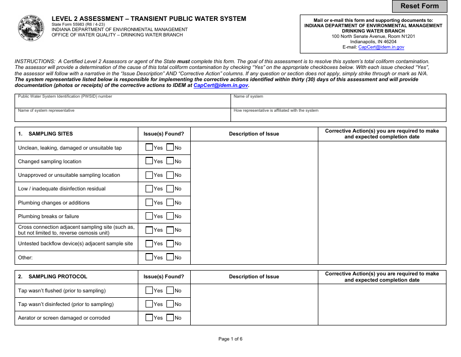 State Form 55983 Level 2 Assessment - Transient Public Water System - Indiana, Page 1