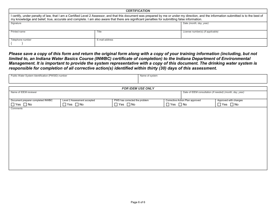 State Form 55983 Level 2 Assessment - Transient Public Water System - Indiana, Page 6