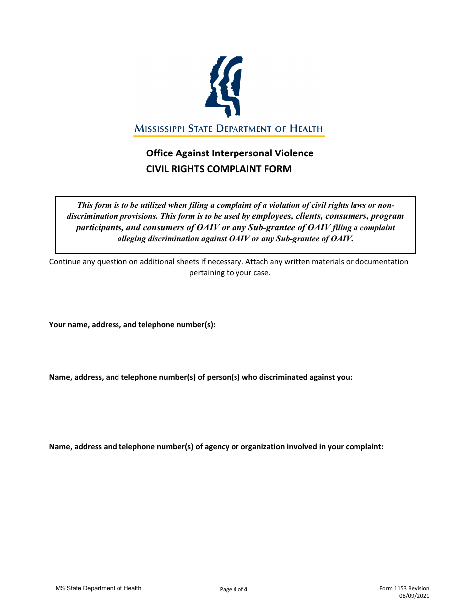 Form 1153 Office Against Interpersonal Violence Civil Right Complaint Form - Mississippi, Page 1