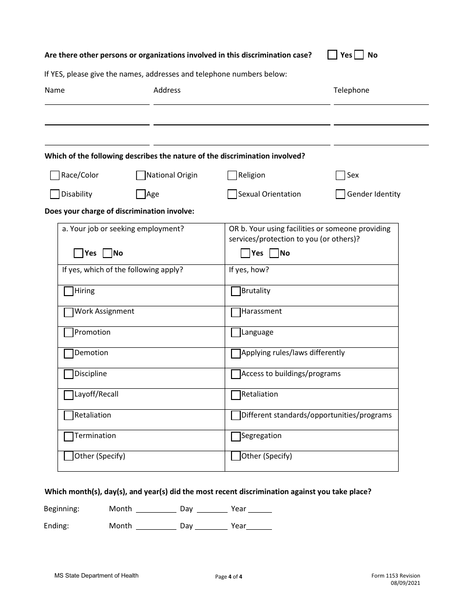 Form 1153 Office Against Interpersonal Violence Civil Right Complaint Form - Mississippi, Page 2