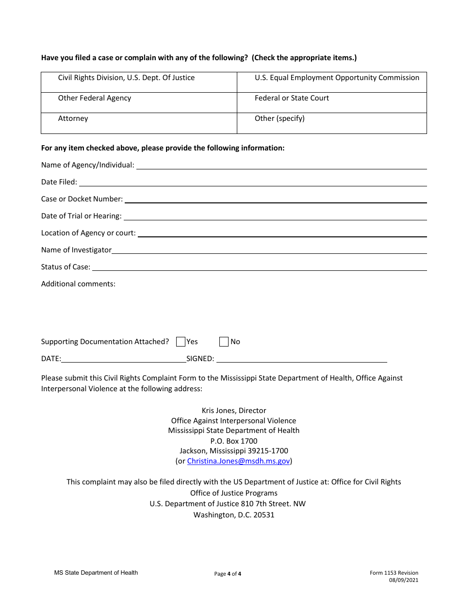 Form 1153 Office Against Interpersonal Violence Civil Right Complaint Form - Mississippi, Page 4