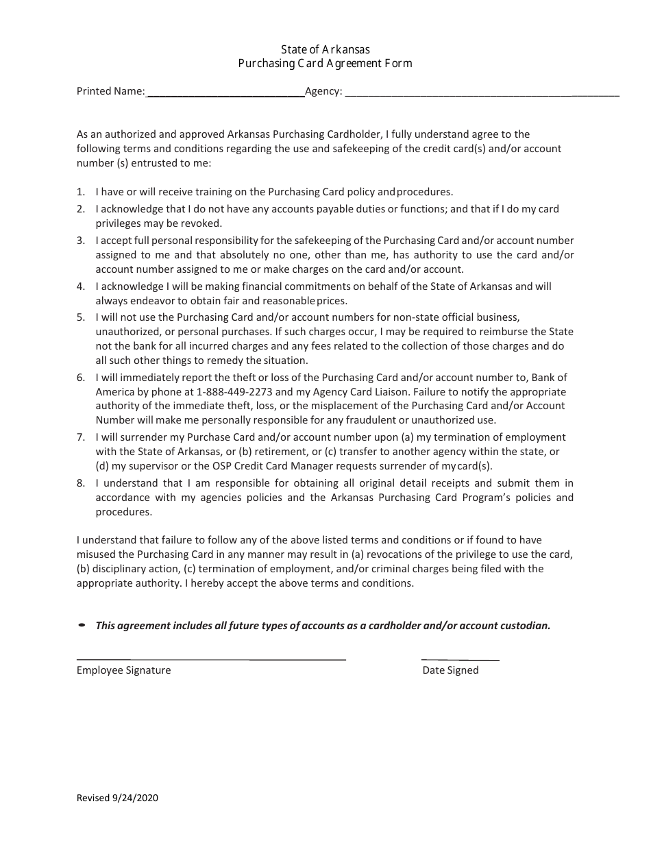 Purchasing Card Agreement Form - Arkansas, Page 1