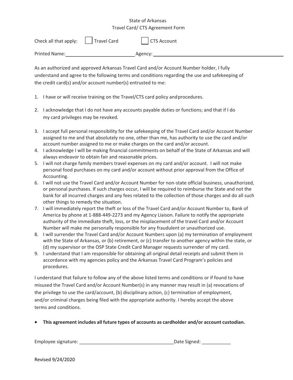 Travel Card / Cts Agreement Form - Arkansas, Page 1