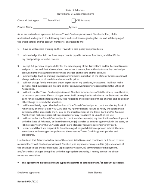 Travel Card / Cts Agreement Form - Arkansas Download Pdf