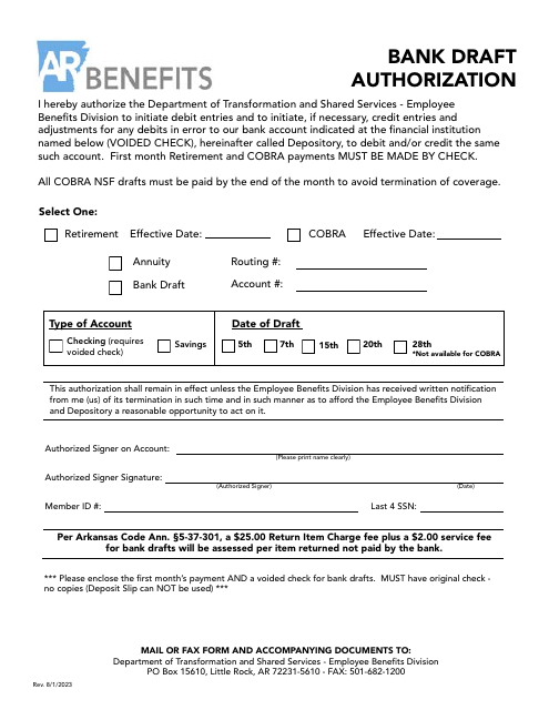 Bank Draft Authorization - Arkansas Download Pdf