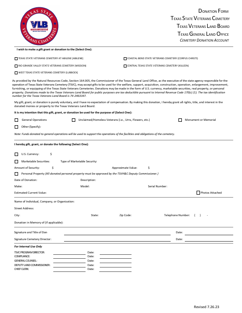 Cemetery Donation Form - Texas Download Pdf