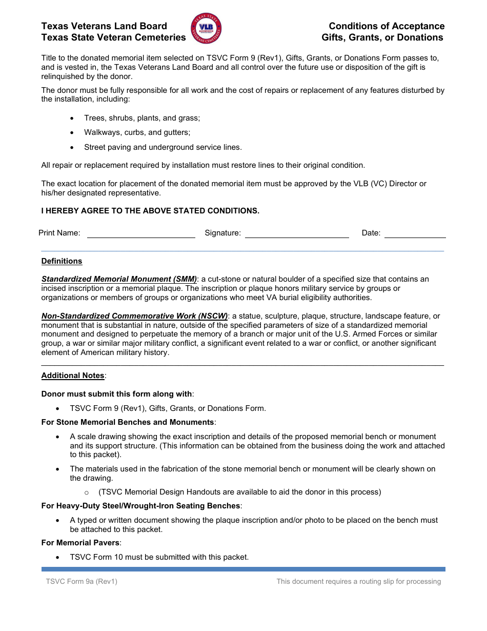 TSVC Form 9A Conditions of Acceptance - Gifts, Grants, or Donations - Texas, Page 1