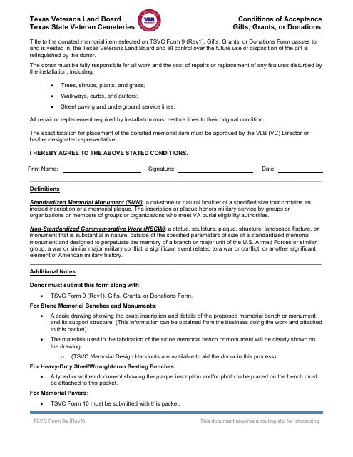 TSVC Form 9A Conditions of Acceptance - Gifts, Grants, or Donations - Texas