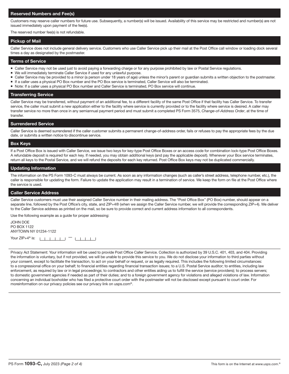 PS Form 1093-C Application for Post Office Caller Service, Page 2