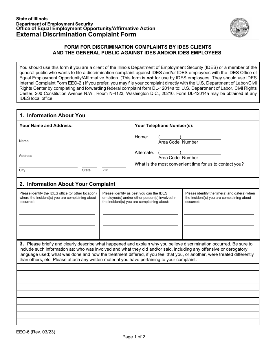 Form EEO-6 External Discrimination Complaint Form - Illinois, Page 1