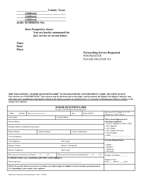 Model Juror Summons and Questionnaire - Texas Download Pdf