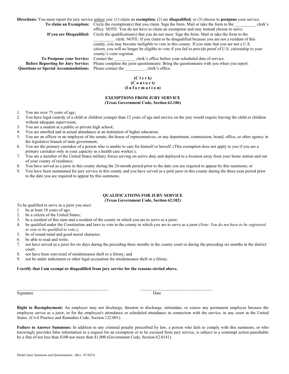 Model Juror Summons and Questionnaire - Texas, Page 2