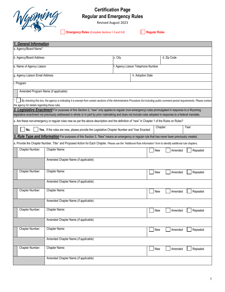 Certification Page - Regular and Emergency Rules - Wyoming, Page 1